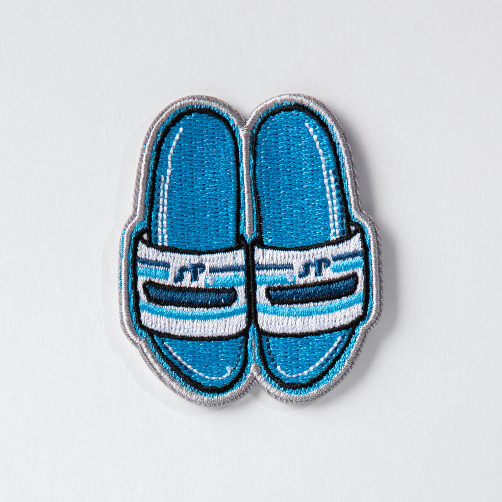 embroidery iron on badge vikki yau blue white rubber slippers